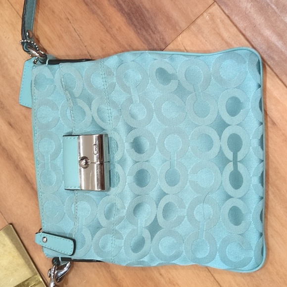 Coach Kristin Op Art Jacquard Swing Pack Crossbody Turquoise Teal Purse Bag - Picture 3 of 15